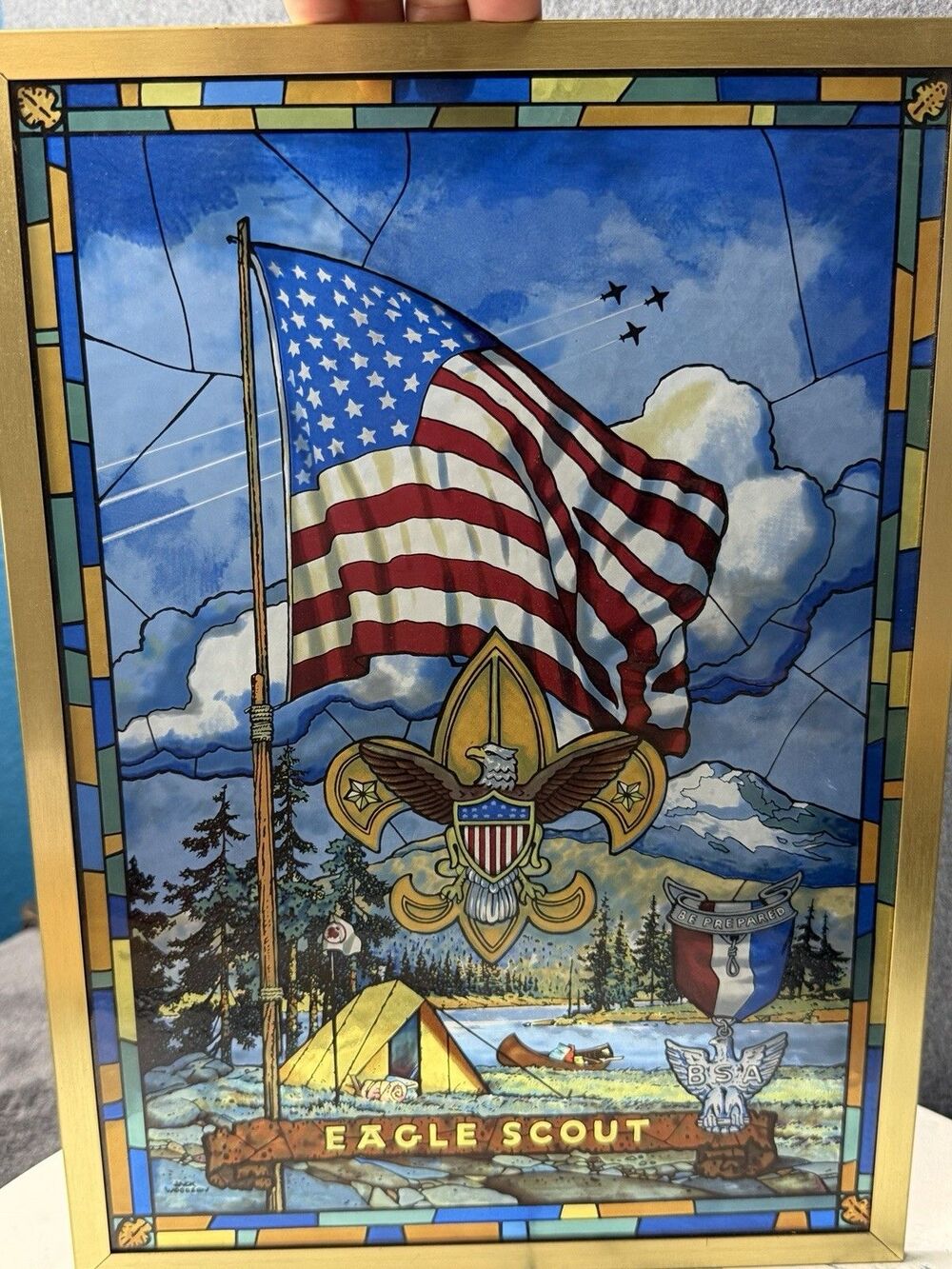 Vintage Boy Scouts 2010 Centennial Eagle Scout Stained Glass Panel Framed Art